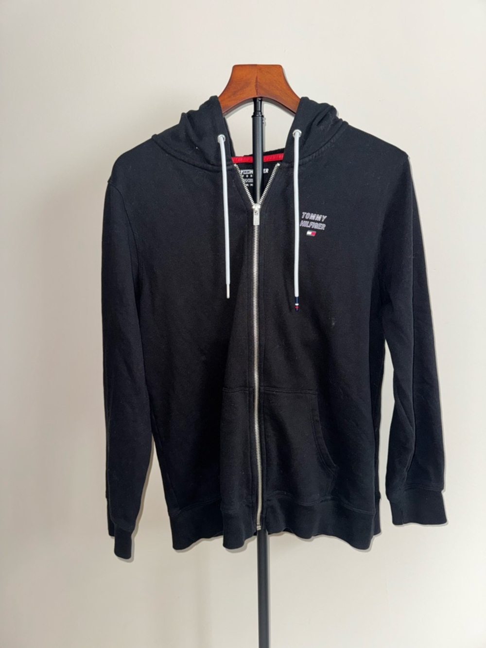 Tommy Hilfiger Black Full-Zip Hoodie with White Drawstrings